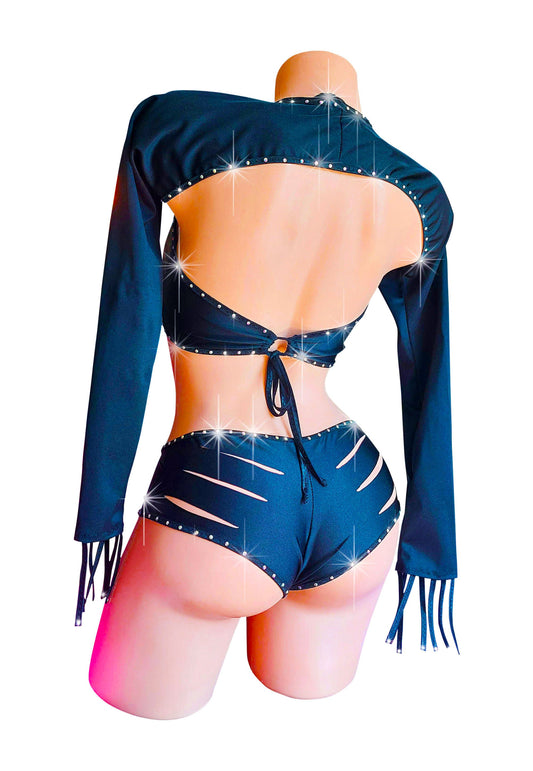 Rhinestone Biker Gurl slashed stretch shorts, shrug and scoop top - original Designer Set