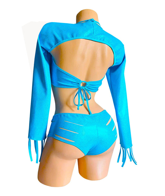 3 pc Designer set - Slashed Shorts, Shrug and Scoop top Set