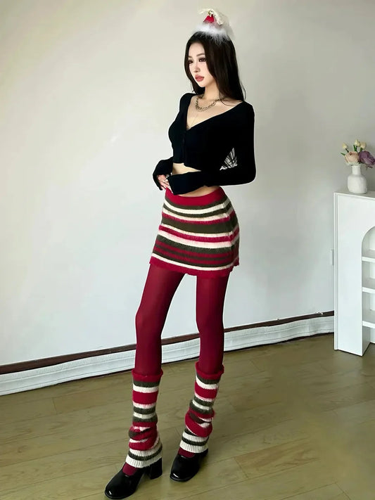 'Fairy Lights' Holiday Christmas Striped Knitted Skirt Legwarmers