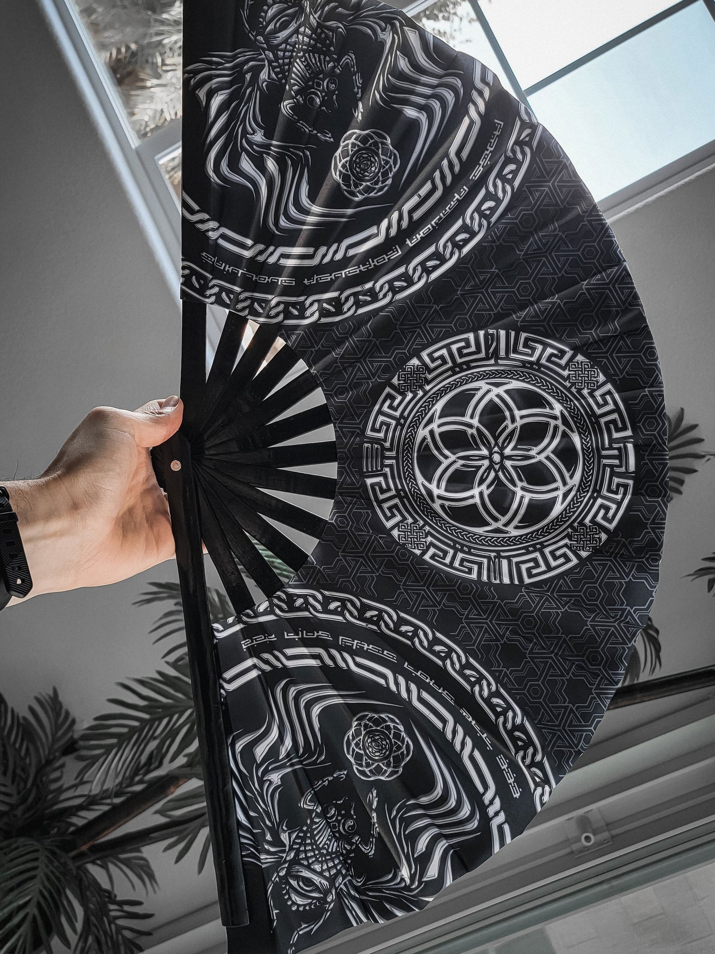 FOREVER EVOLVING SCARAB • BLACK/WHITE • Double-sided XL Bamboo Folding Fan